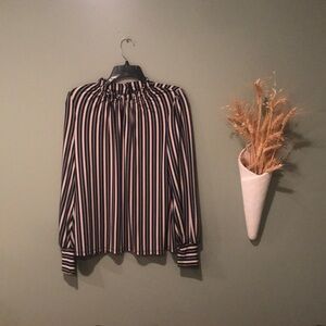 Adrianna Papell Black Cream Striped Long Sleeve Ruffle Neck Blouse S EUC